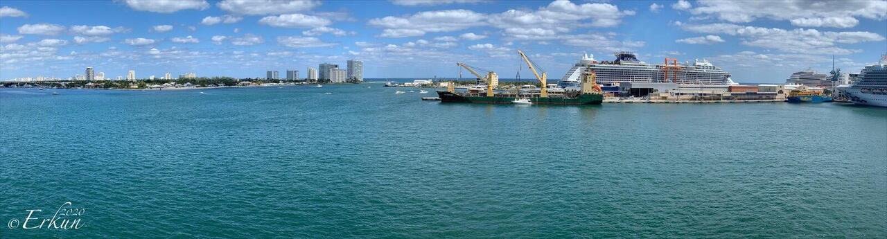 View from the veranda of cabin 7316 — Onboard Allure of the Seas in Port Everglades, FL.