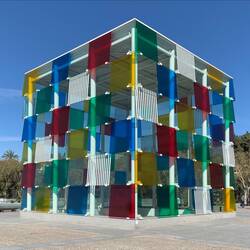 Centre Pompidou, an art center, is housed in this glass cube near the port of Malaga.