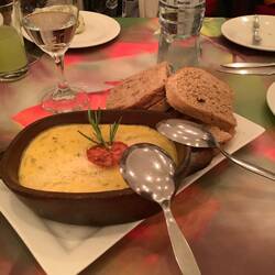 Cassoulet, a combination of Peruvian cheeses, mushrooms and white wine with Andean bread