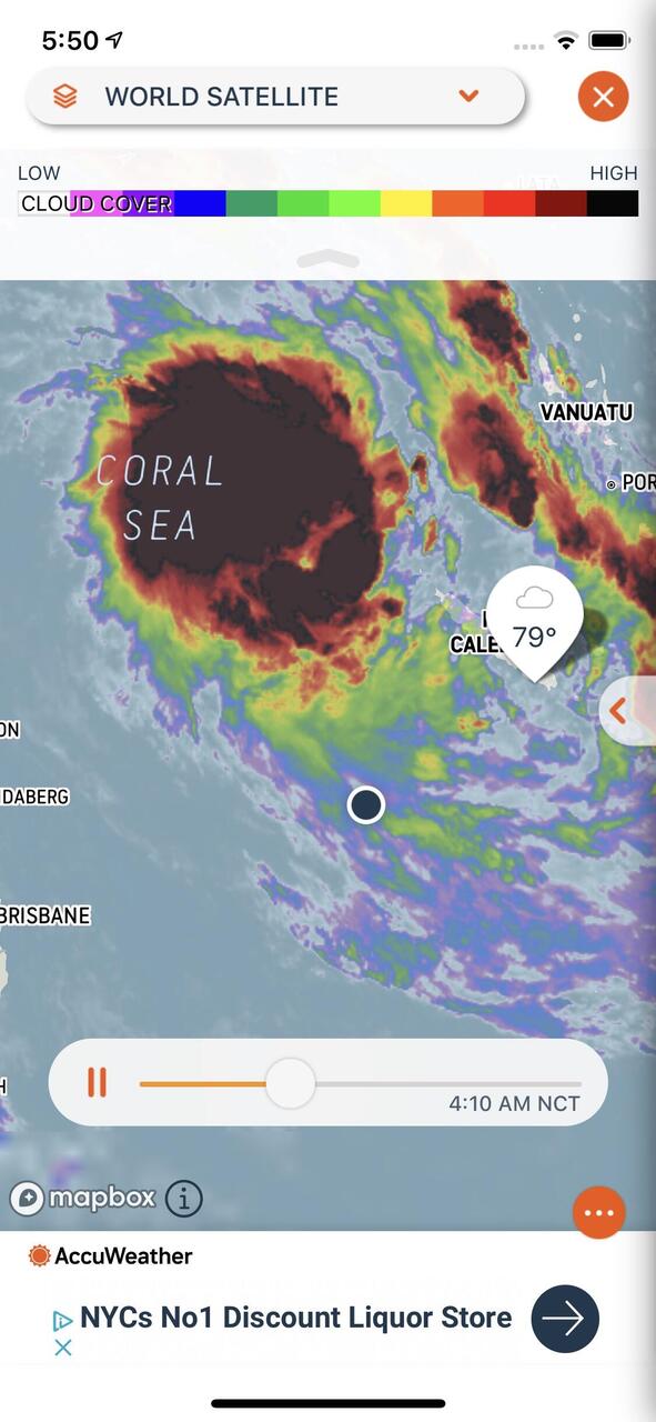 The little dot is us. The big maroon swirl is the cyclone.
