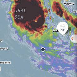 The little dot is us. The big maroon swirl is the cyclone.