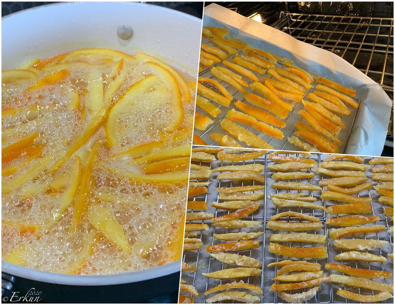 The stages of preparing the orange peel for dipping in chocolate.