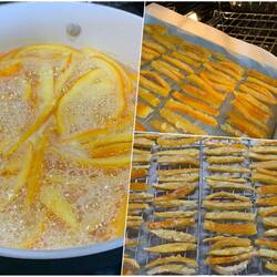 The stages of preparing the orange peel for dipping in chocolate.