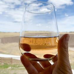 A glass of lavender wine (St Kathryn Cellars from Costco) to accompany lunch on the deck.