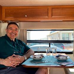 First hot meal in the RV ... cooked at the sticks and bricks and eaten in our driveway!
