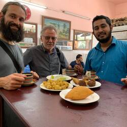 Lunch with Eckhard and Ibrahim. Yellow bottle contains chili sauce!!