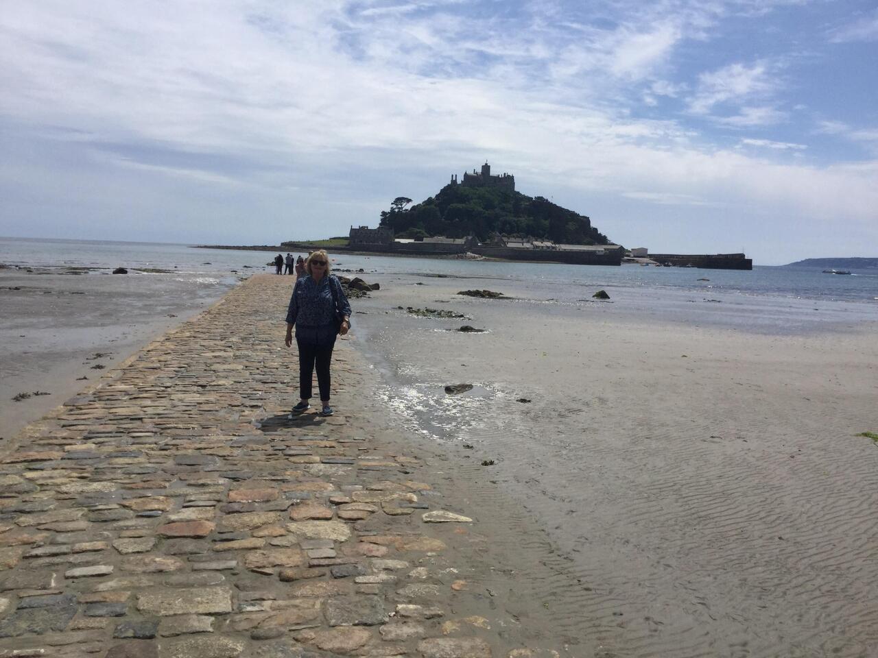 Janette on the causeway from Marazion to St Michaels Mount.