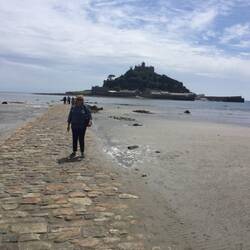 Janette on the causeway from Marazion to St Michaels Mount.