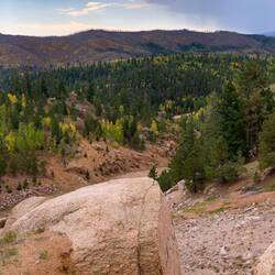 Waldo Canyon burn scar and fall colors from the Dikeside Overlook — Rampart Reservoir, CO.