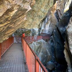 The lower trail into the slot canyon is a metal walkway — Box Cañon Falls ... Ouray, CO.