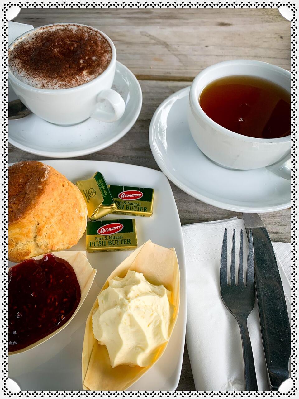 Scones, jam & clotted cream with hot beverages — @ the Tea House @ Kylemore Abbey, Ireland.
