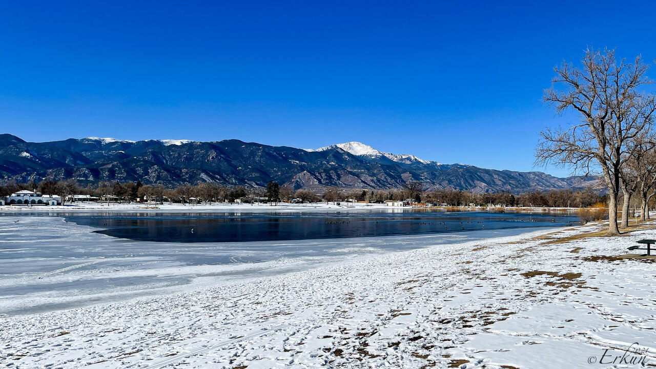Prospect Lake with Pikes Peak in the background — Colorado Springs, CO.