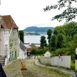A "we are at Gamle Bergen" selfie — Bergen, Norway.