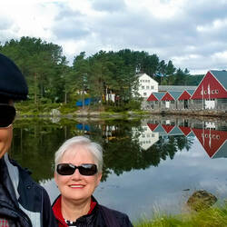 A "we are here" selfie ... the red buildings house the boat collection — Sunnmøre Museum.