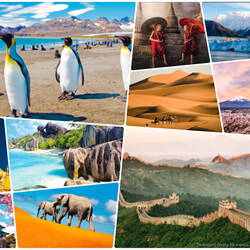 Collage of colorful ports of call on RTW2023 ... snipped from the brochure.