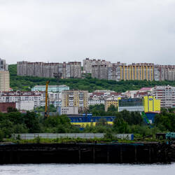 Typical skyline of Murmansk with Soviet-era buildings — Kola Bay, Murmansk, Russia.