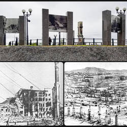 Panels showing historic photos from when the city fell under heavy bombardment — Murmansk, Russia.