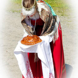 Traditional welcome with bread and salt — Arkhangelsk, Russia.