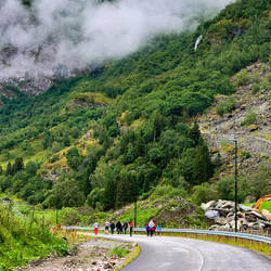 Brekkefossen ... our destination is up there near the cloudline — Flåm, Norway.