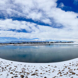 Panorama of our neighborhood lake with Pikes Peak in the background — Colorado Springs, CO.