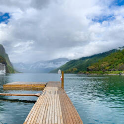 Our lunch view of Aurlandsfjorden from the Flåm Marina Terrace — Flåm, Norway.