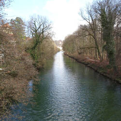 Aufgeteilter Neckar in Tübingen, rechts die Neckarinsel