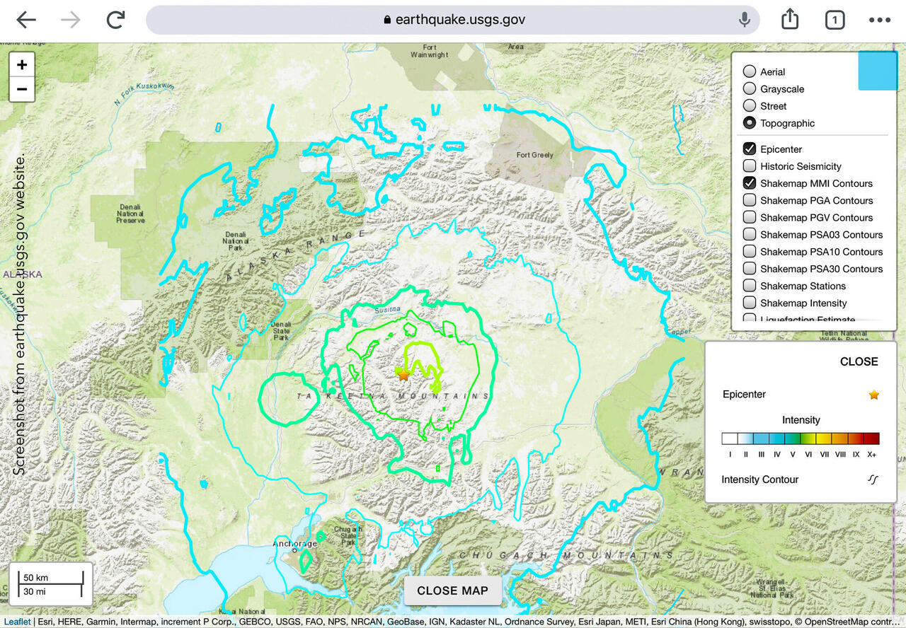 USGS map shows Denali experienced the earthquake somewhat less than the epicenter — Denali NP, AK.