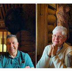 Mui gets a bison head ... I get a carved bear — Chena Hot Springs Resort, AK.