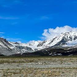 The Gulkana Glacier is in the notch in the middle — Isabel Pass Boondock on the Richardson Hwy, AK.
