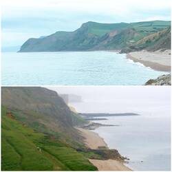 View of Thorncombe Beacon and Golden Cap from Eype Mouth / View from Thorncombe Beacon ascent back to West Bay