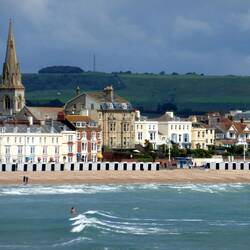 View across Weymouth Bay to the beach and Esplanade