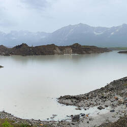 Panorama of the glacial lake from the ridge of the lateral moraine — Base Camp, AK.