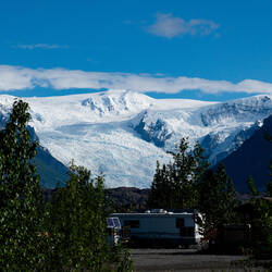 This view of the glacier from behind our campsite encourages us to go for a walk — Base Camp, AK.