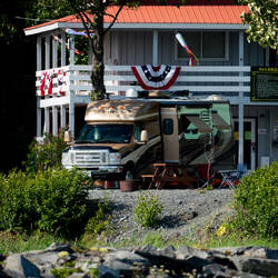 The Cruiser awaits us as the boat passes the campground on its way to the small boat harbor — Valdez