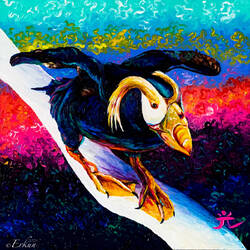 Oil finger painting of a tufted puffin (Artist: K. Schaefermeyer) — Seward, AK.