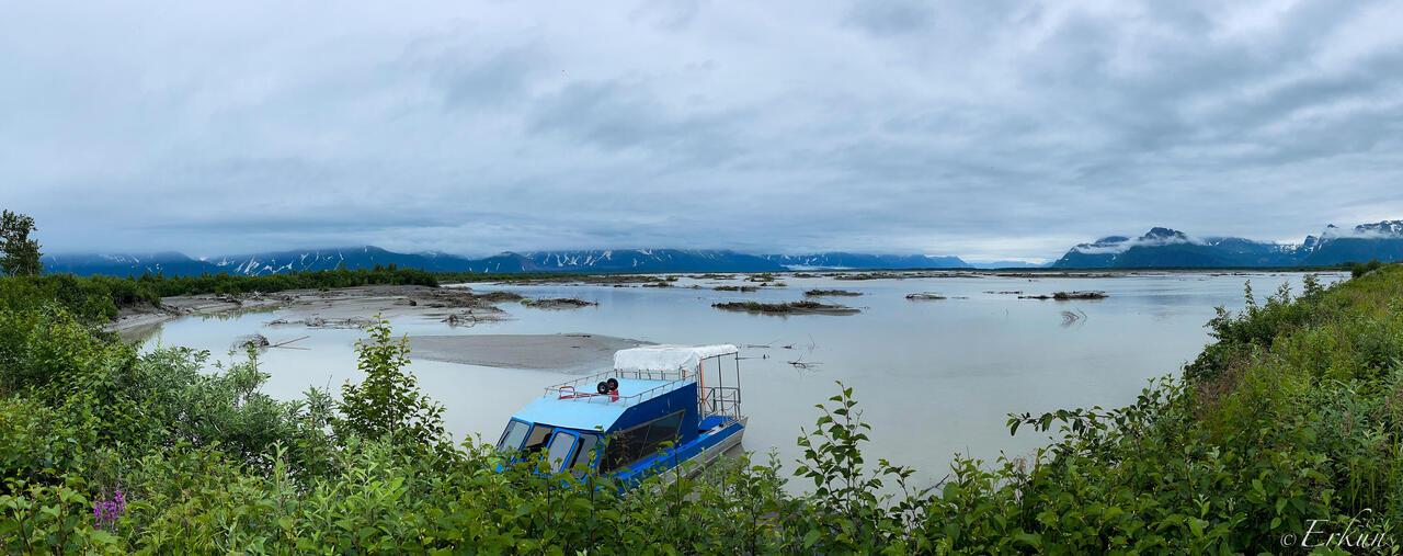 Panorama of the Copper River from where we boarded the jetboat — Alaska.