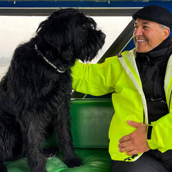Miles, Lucas' black Russian Terrier, makes friends with Mui — Alaska.