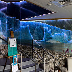 Mural painted on glass in the lower lobby of the Cordova Center, AK.