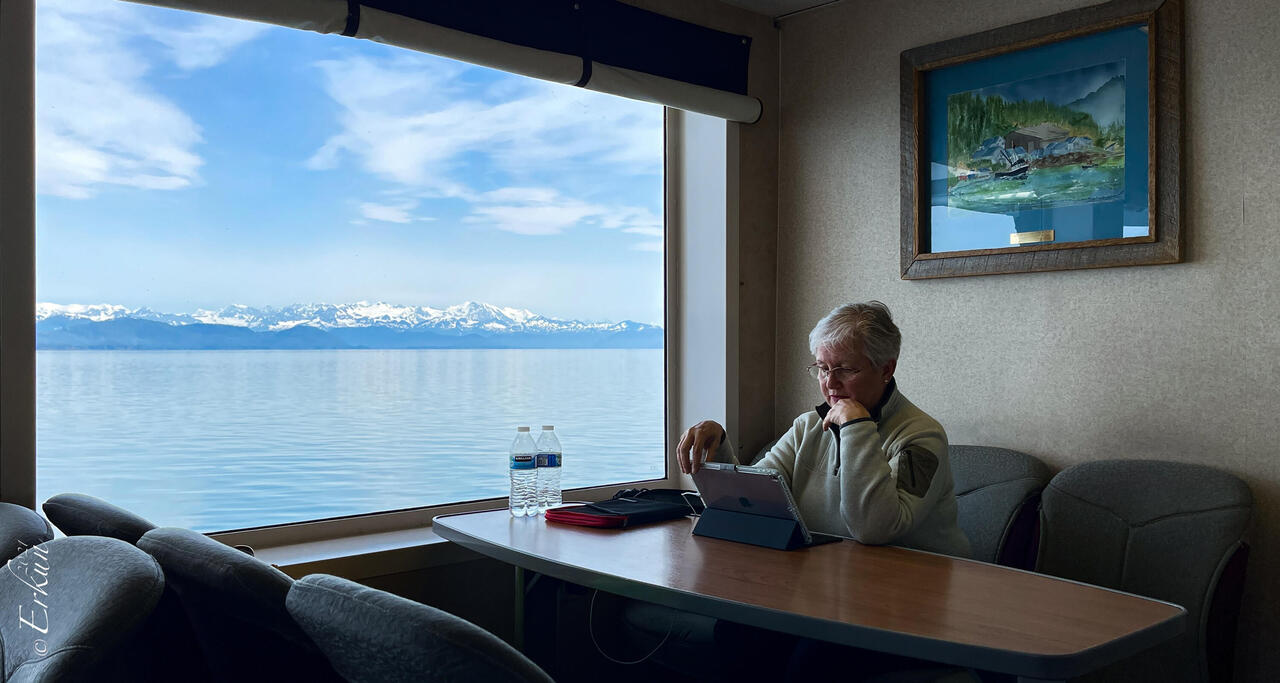 Writing some draft footprints as we cross the Prince William Sound — Aboard M/V Aurora.