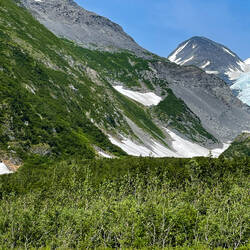 Waterfall and glacier from the staging area — Whittier, AK.