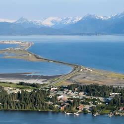 Aerial view of the Homer Spit as we approach Beluga Lake for landing.
