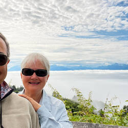 A "Baycrest Overlook" selfie with Homer and the Spit hidden by low-lying clouds — Homer, AK.
