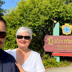 A "Willkommen to Bavaria" selfie near the entrance to downtown — Leavenworth, WA.