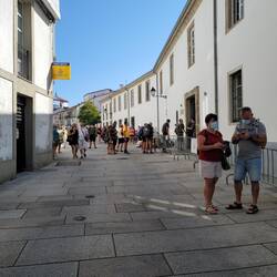 Peregrinos lined up in the evening to get their certificate.