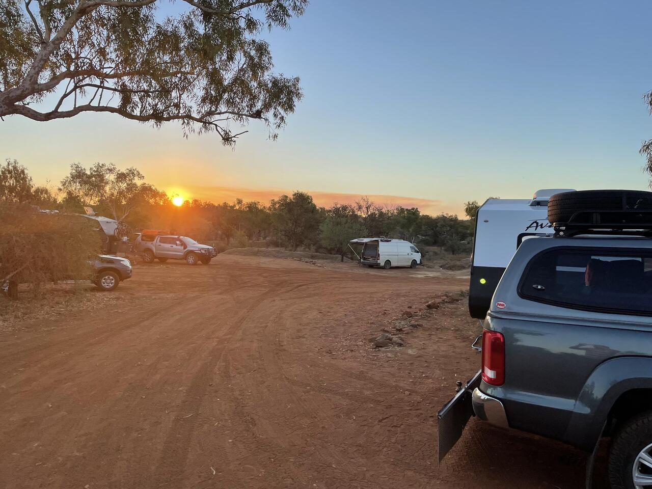 Sunset at Bungles camp. Note red dust