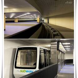 The walkway is between the train tracks on either side — IAH underground access ... Houston, TX.