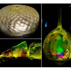 Raw glass (lower left) and excavated glass pieces — Bodrum Castle, Muğla.