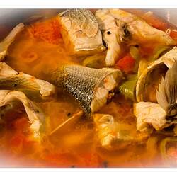 Cioppino (fish soup) ... Turkish-style ... served family-style in a big pot — Boğaziçi, Muğla.