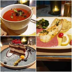 Tomatencreme-Suppe, Forellenfilet, Schwarzwälder