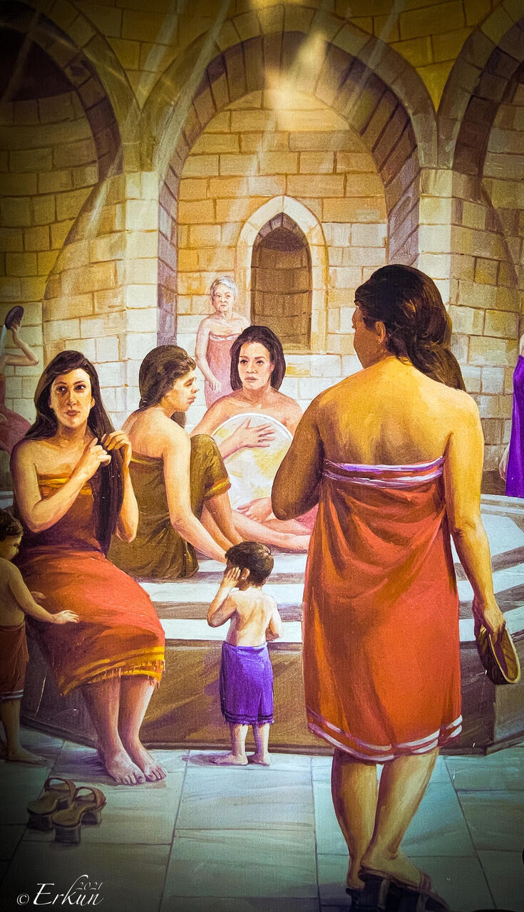 Mural depicting women's day at the bathhouse — Hamam Museum, Gaziantep.